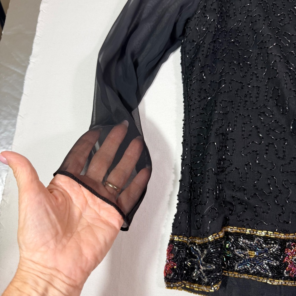 Laurence Kazar Vtg Silk Beaded Top XL Black Sheer Sleeve Evening Cocktail Blouse - Picture 5 of 16